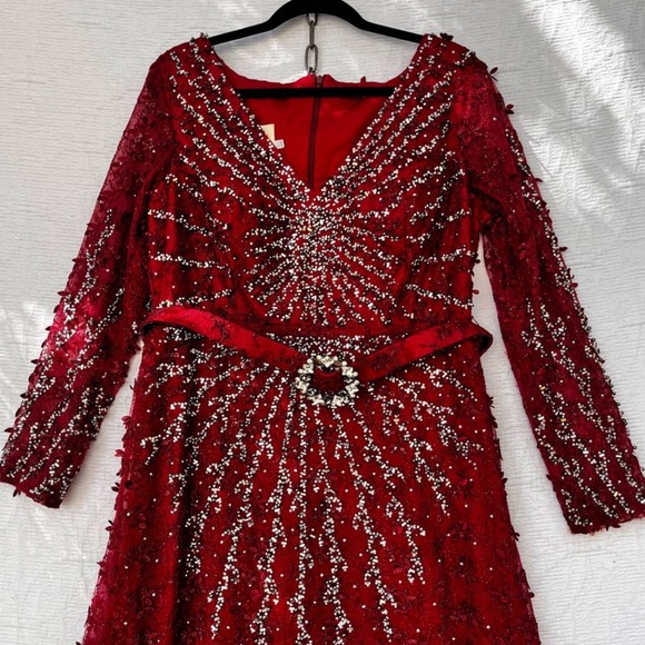 Vintage Beaded Red Gown Maxi Rhinestone Belted Dress 50 Whimsicore - Picture 2 of 14